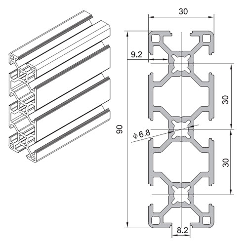 型材:30x30W（單位：mm）